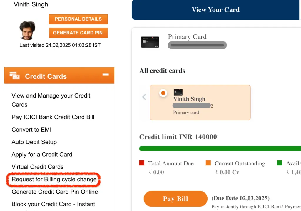 icici billing cycle change