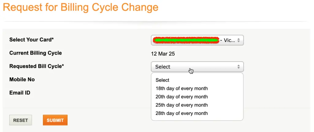 icici billing cycle change