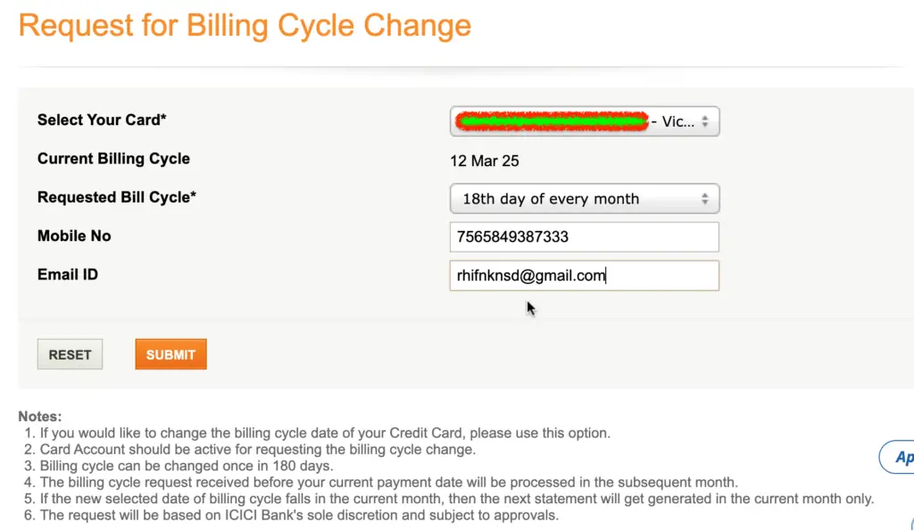 icici billing cycle change