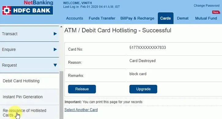 hdfc debit card block