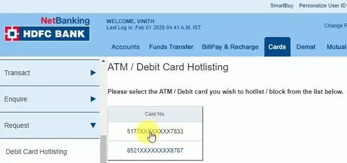 block hdfc bank debit card
