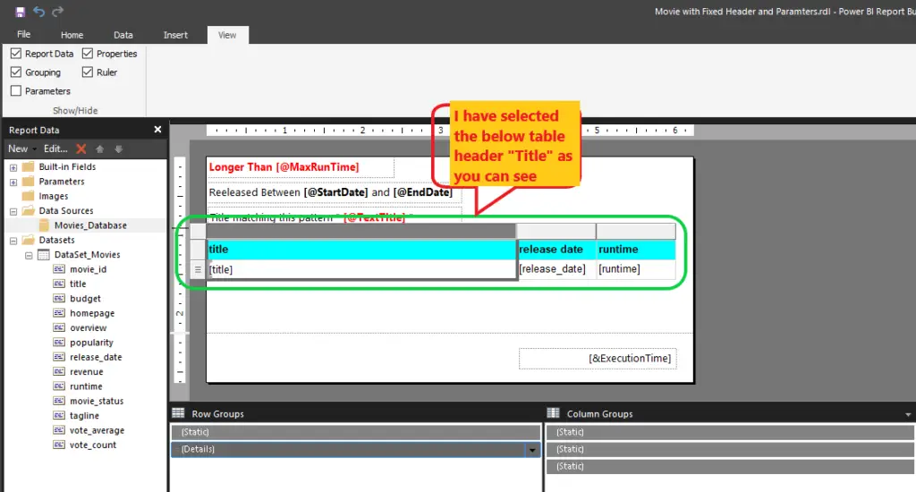 Fixed Column/Row in Report Builder