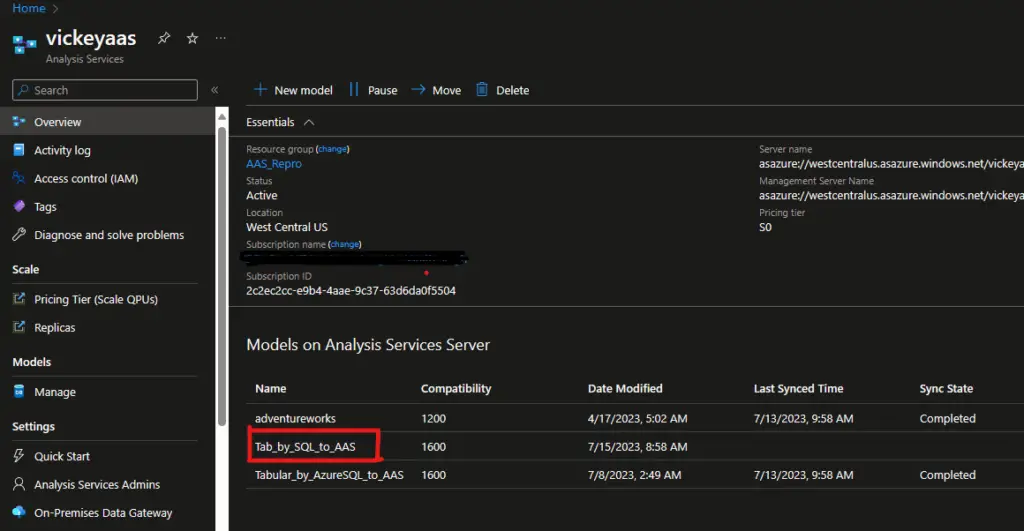 On-prem SQL DB Tabular model