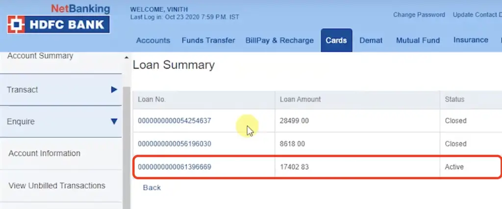 Check Loan Details on HDFC Cards 