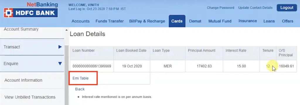 Check Loan Details on HDFC Cards 