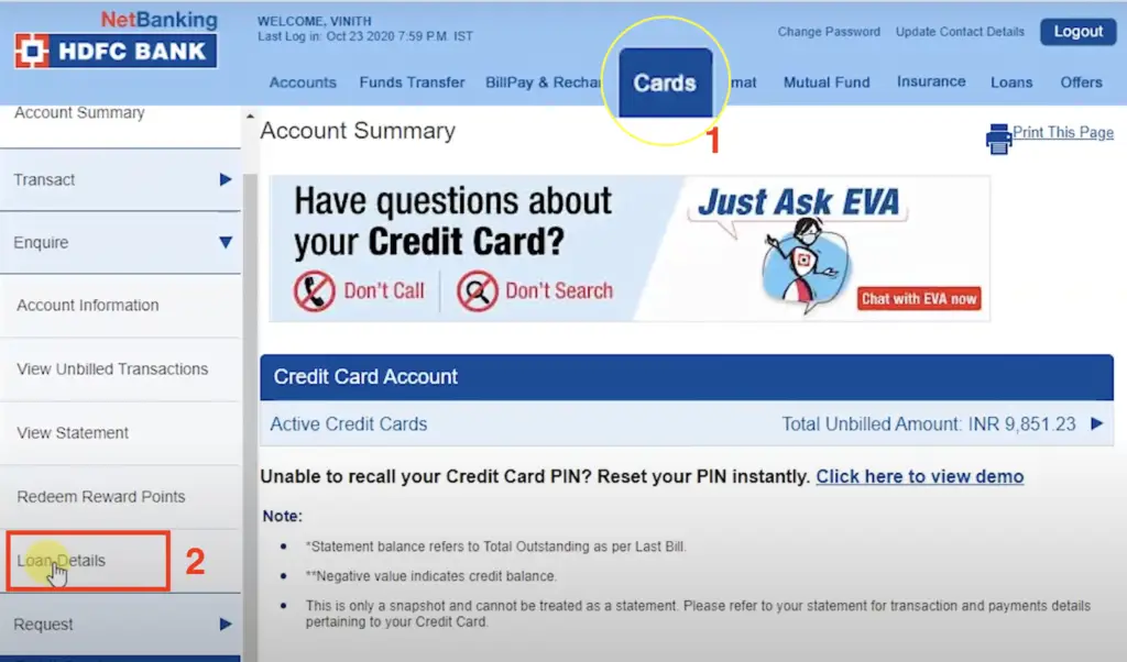 Check Loan Details on HDFC Cards 