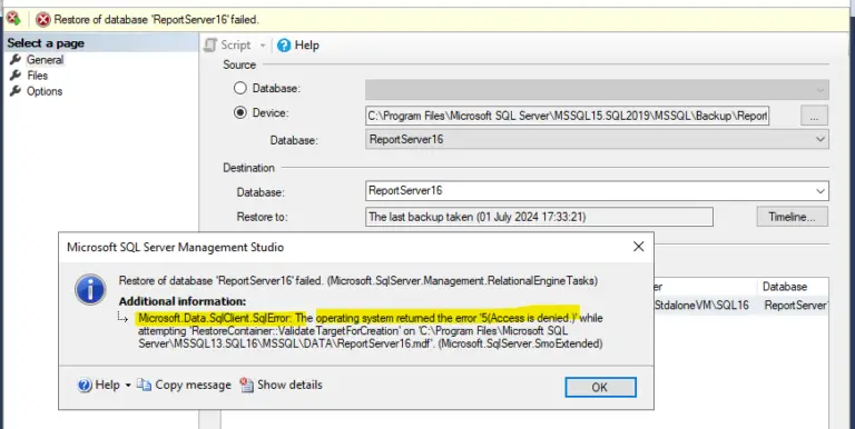 Restore of database 'ReportServer' failed