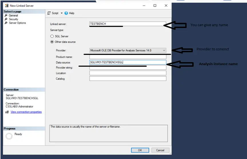 Click the new linked server- In this example, connecting SSAS multidimensional cube